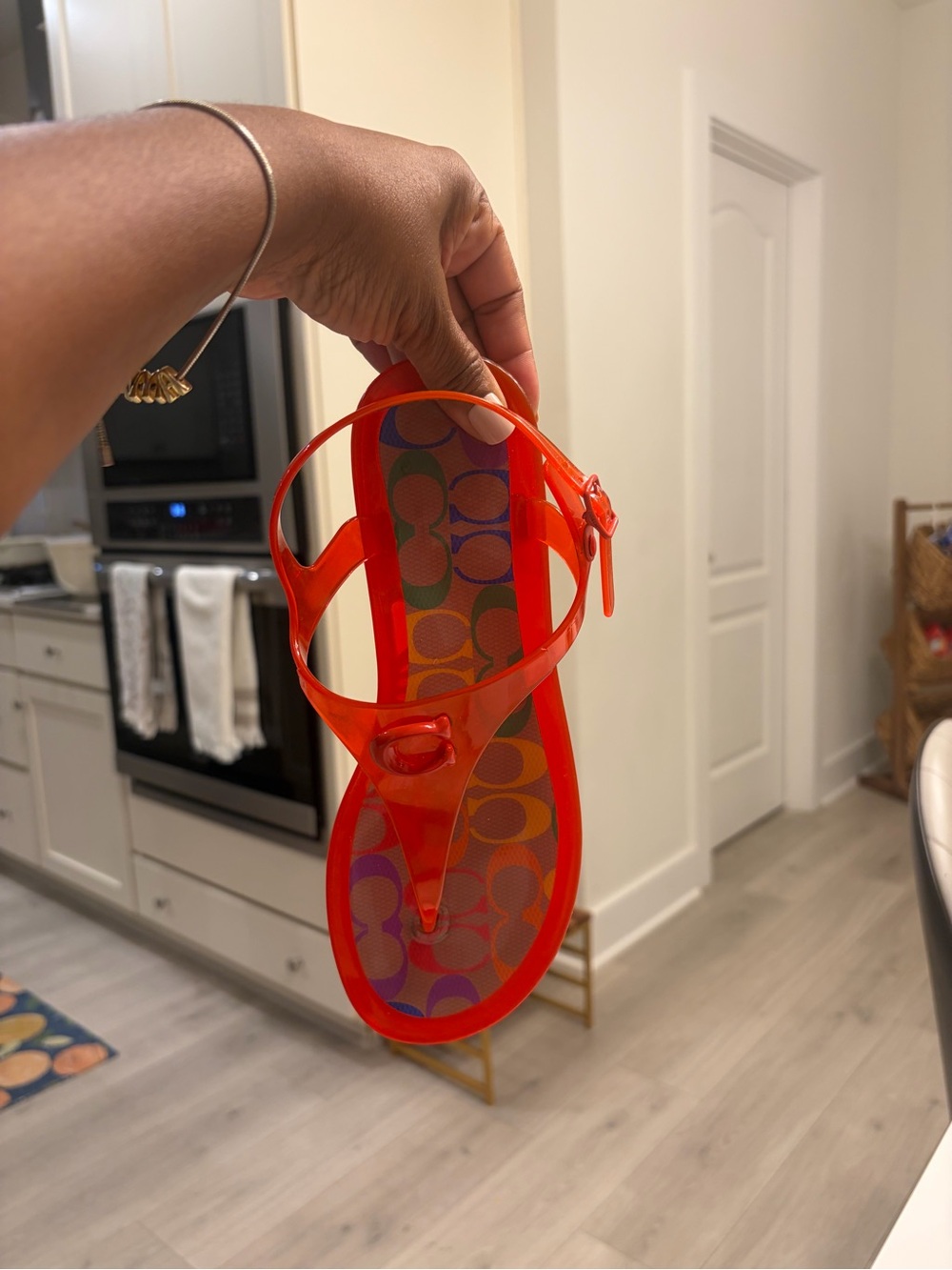 Coach Red Jelly T-Strap Sandals with Multicolor Printed Footbed - Picture 6 of 8
